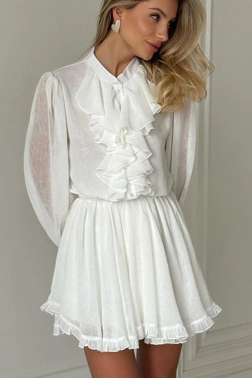 Elegant Ruffled Stand Collar Long Sleeve Mini Dress - Image 3