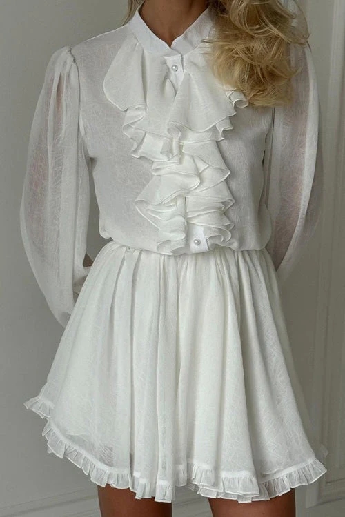Elegant Ruffled Stand Collar Long Sleeve Mini Dress - Image 5