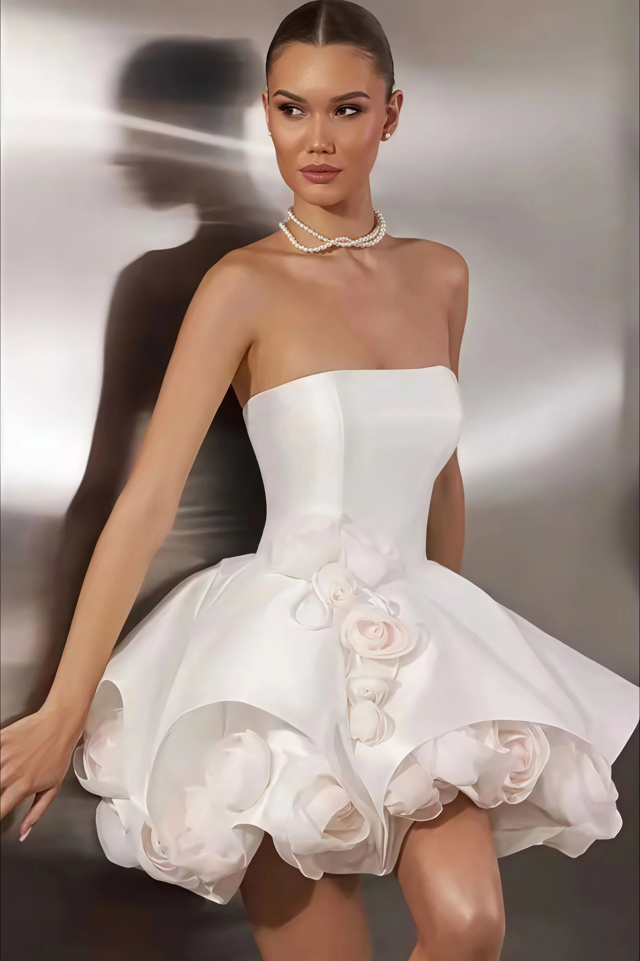 Elegant Satin Bandeau Flower Ball Gown Reception Dress - Image 2