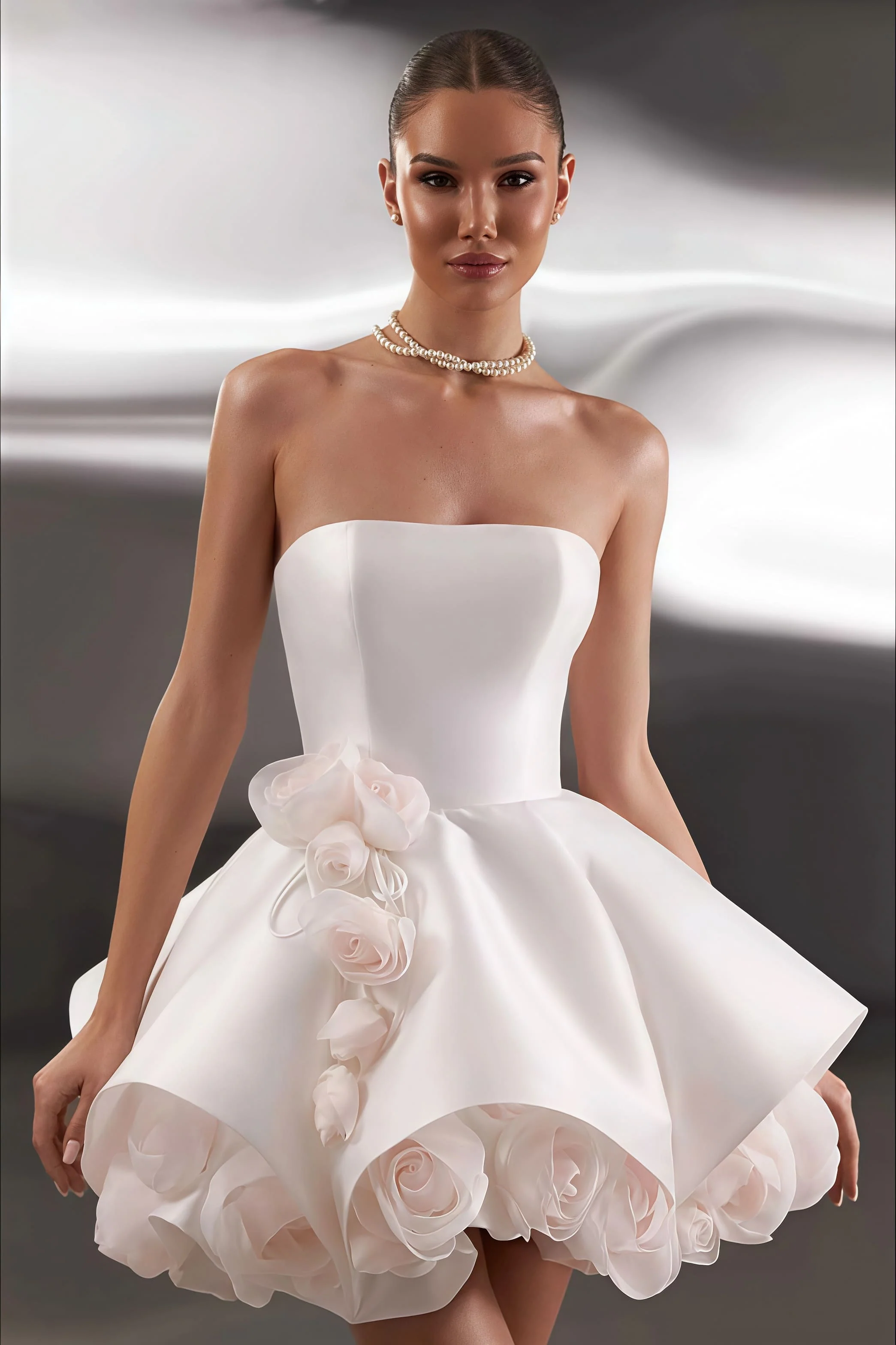 Elegant Satin Bandeau Flower Ball Gown Reception Dress - Image 3
