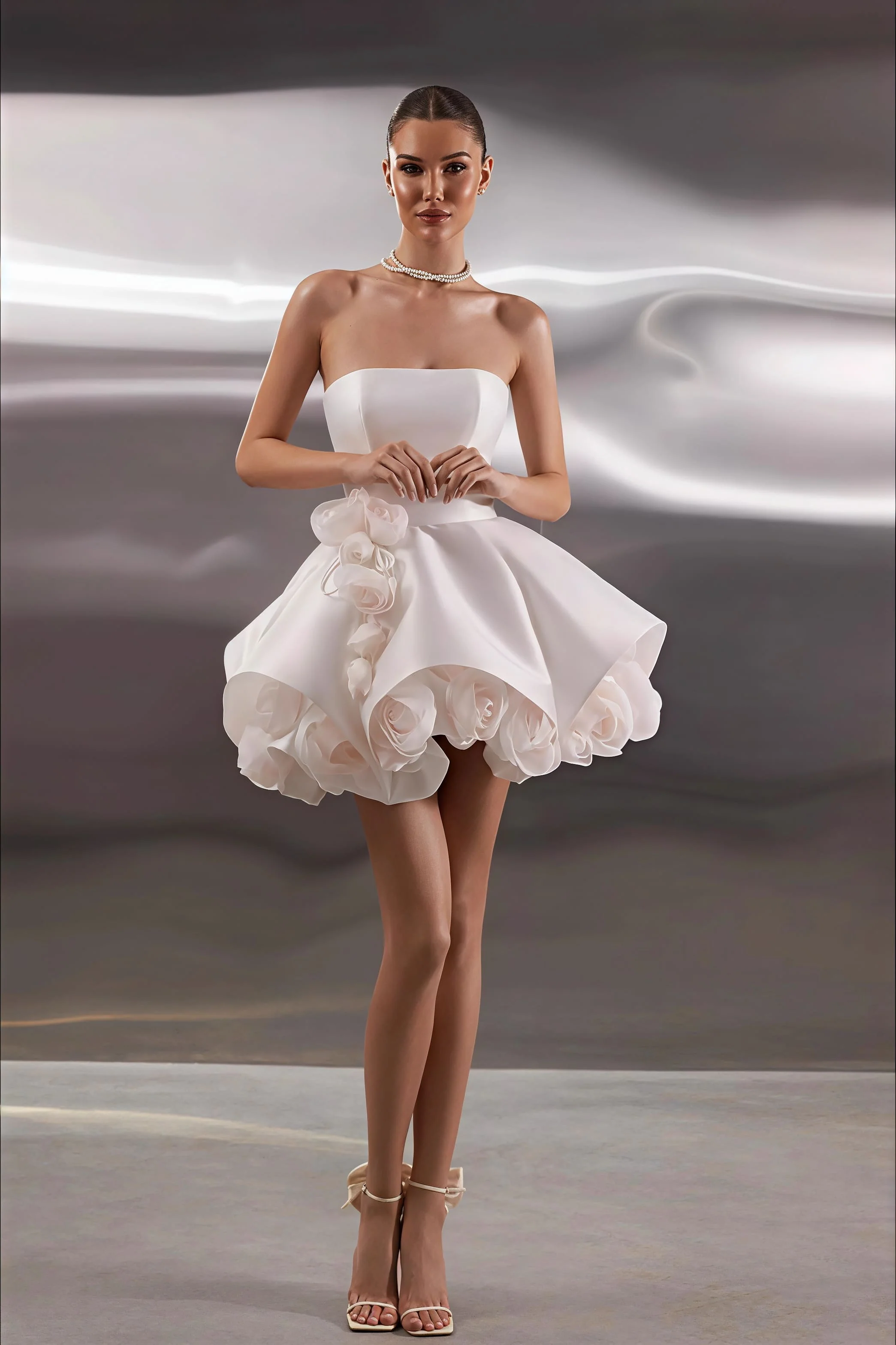 Elegant Satin Bandeau Flower Ball Gown Reception Dress - Image 4