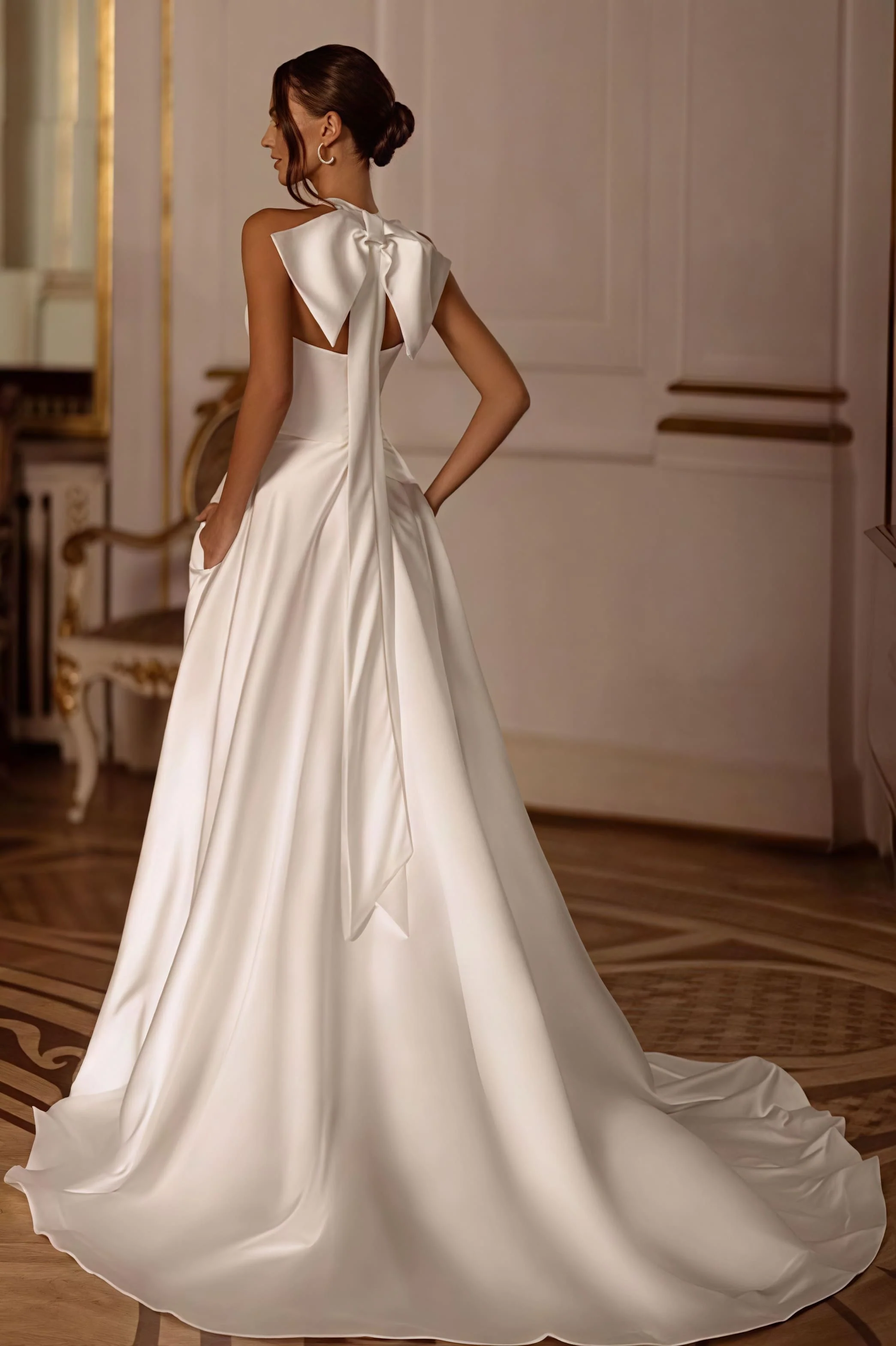 Elegant Satin Halter Train Reception Dress - Image 2