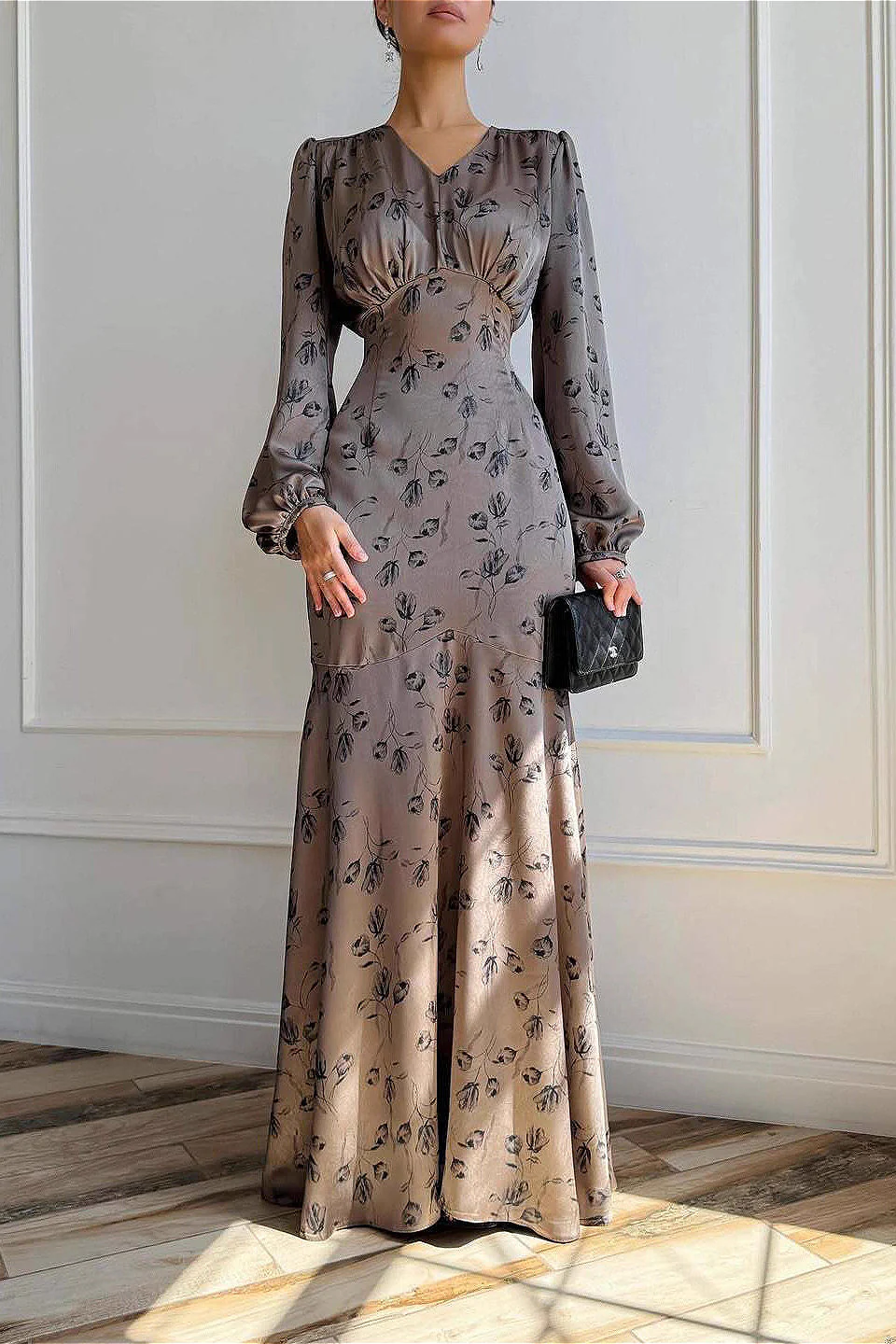 Elegant Satin High Waist Floral Dress - Image 3