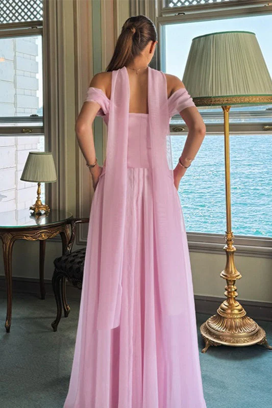 Elegant Satin Mesh Off Shoulder Prom Dress - Image 4