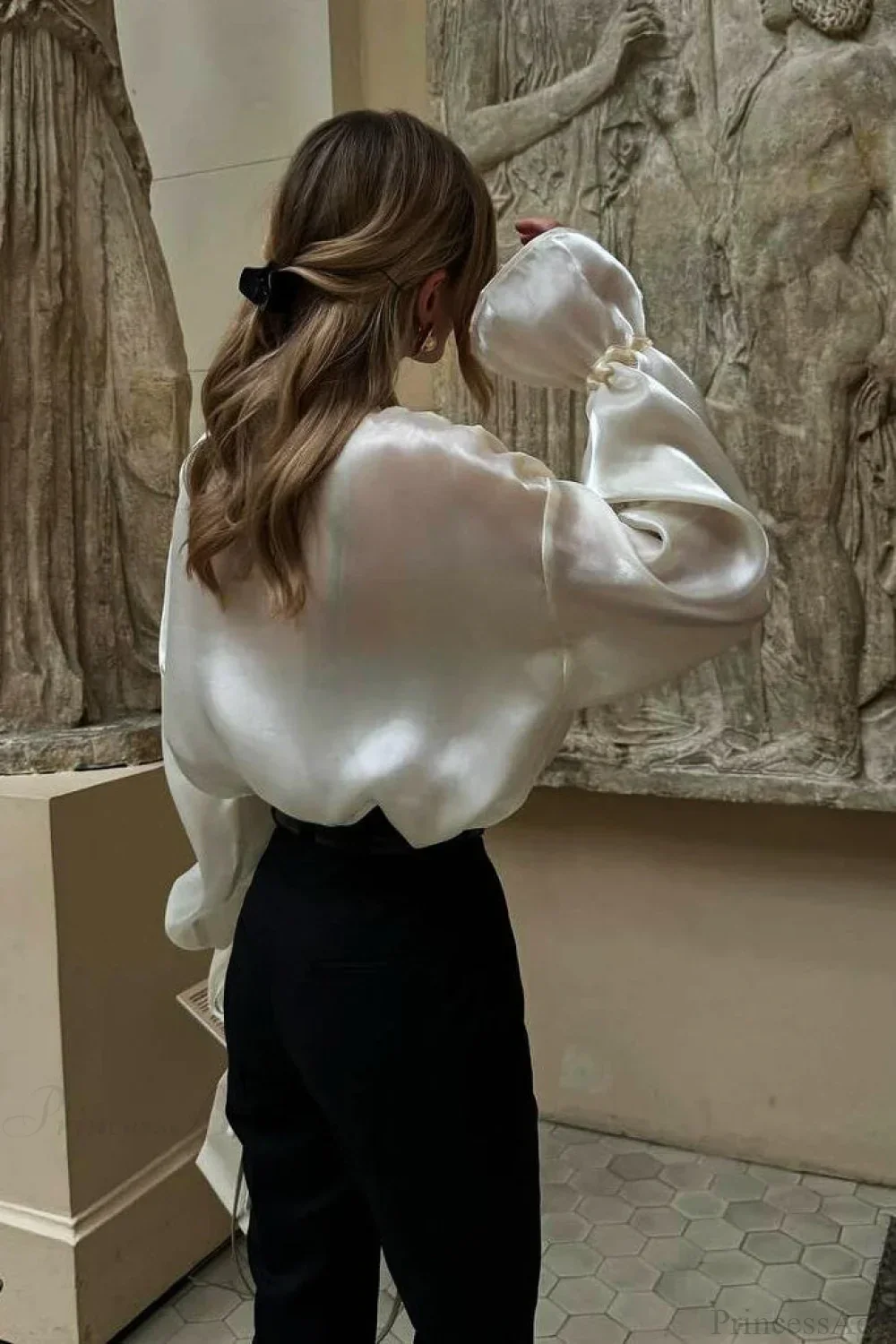 Elegant Satin Tie-Waist Loose Long Sleeve Blouse - Image 3