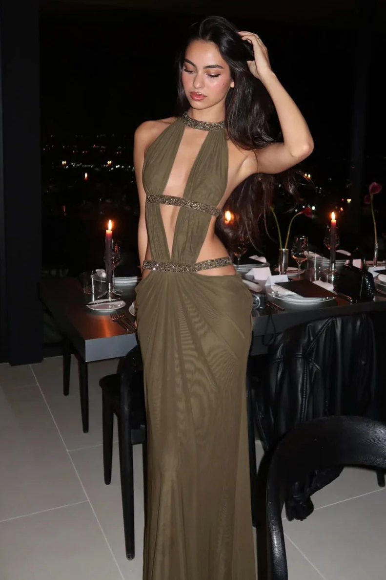 Elegant Sexy Cutout Rhinestone Backless Maxi Dress - Image 11