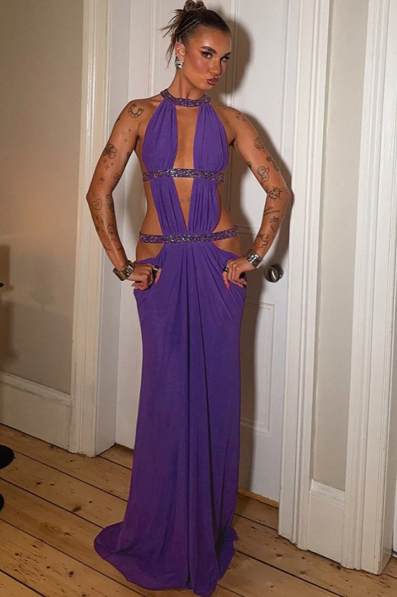 Elegant Sexy Cutout Rhinestone Backless Maxi Dress - Image 5