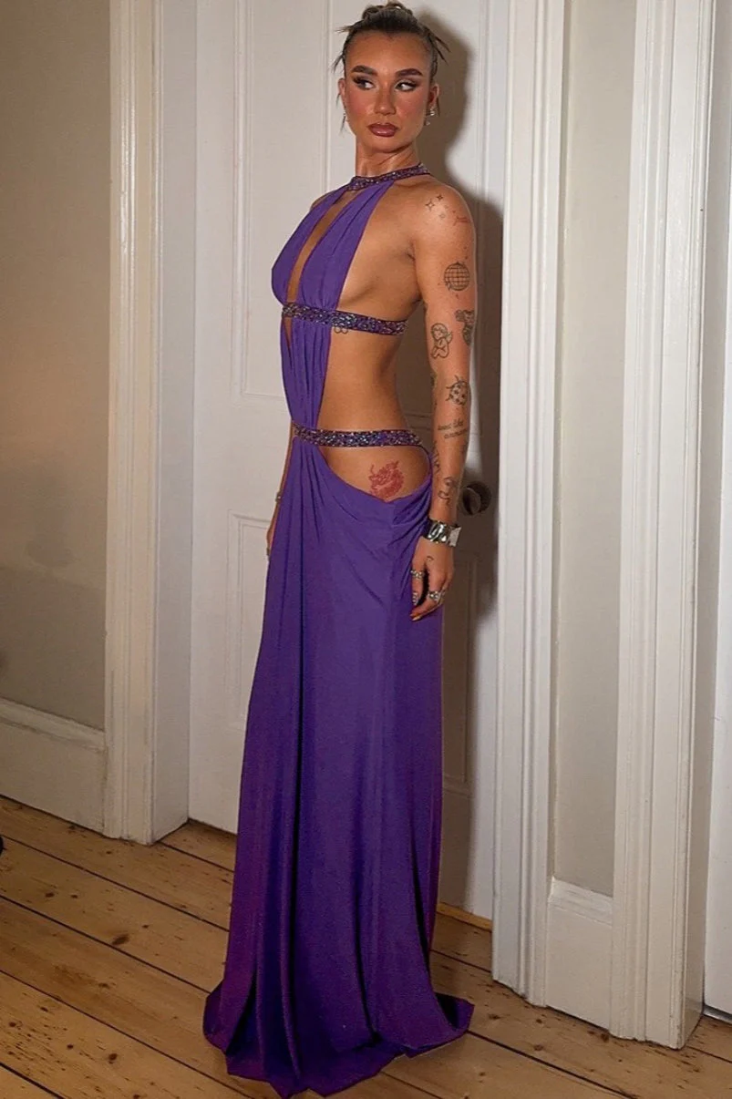 Elegant Sexy Cutout Rhinestone Backless Maxi Dress - Image 6