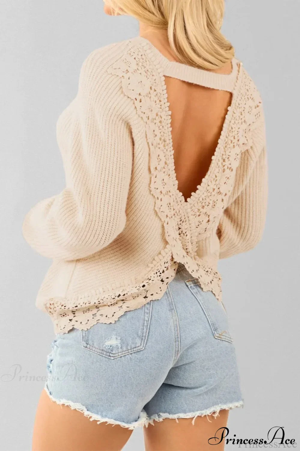 Elegant Sexy Open-Back Lace Paneled Long-Sleeve Knit Top - Image 2