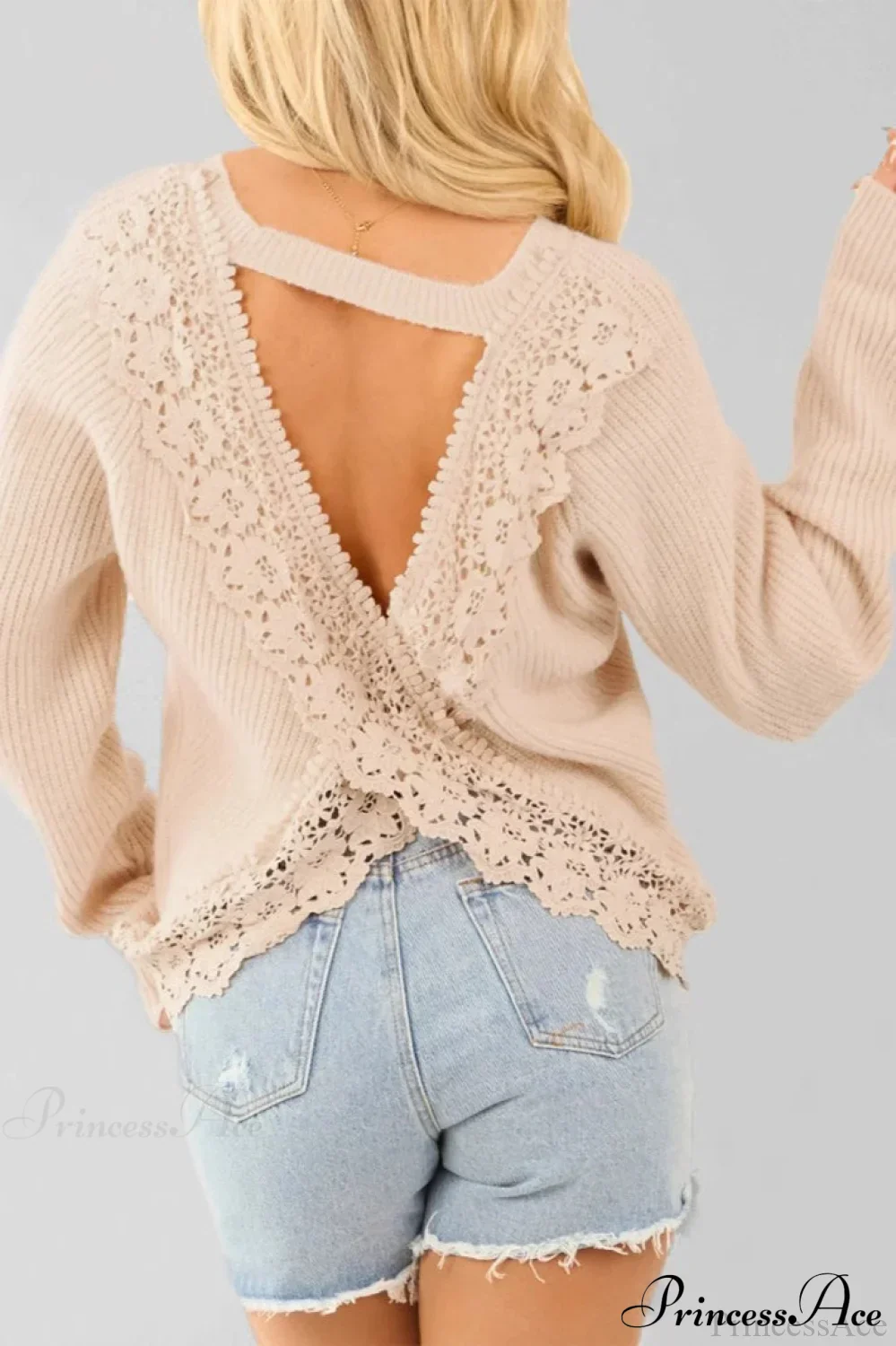 Elegant Sexy Open-Back Lace Paneled Long-Sleeve Knit Top - Image 4