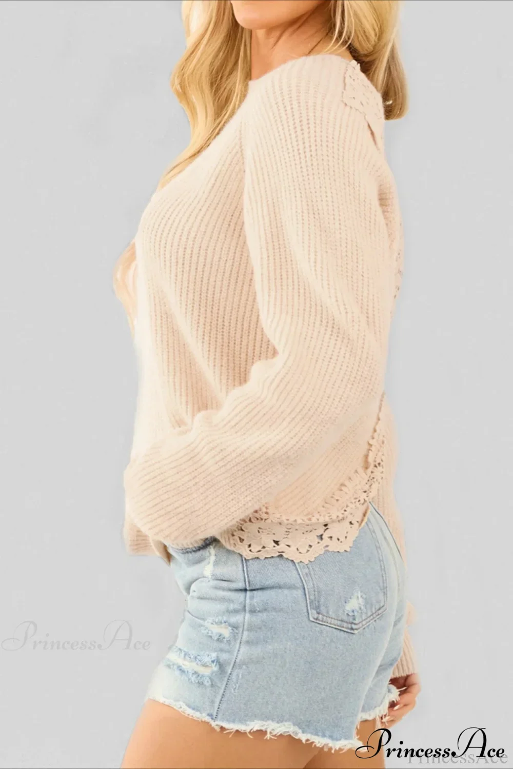 Elegant Sexy Open-Back Lace Paneled Long-Sleeve Knit Top - Image 5
