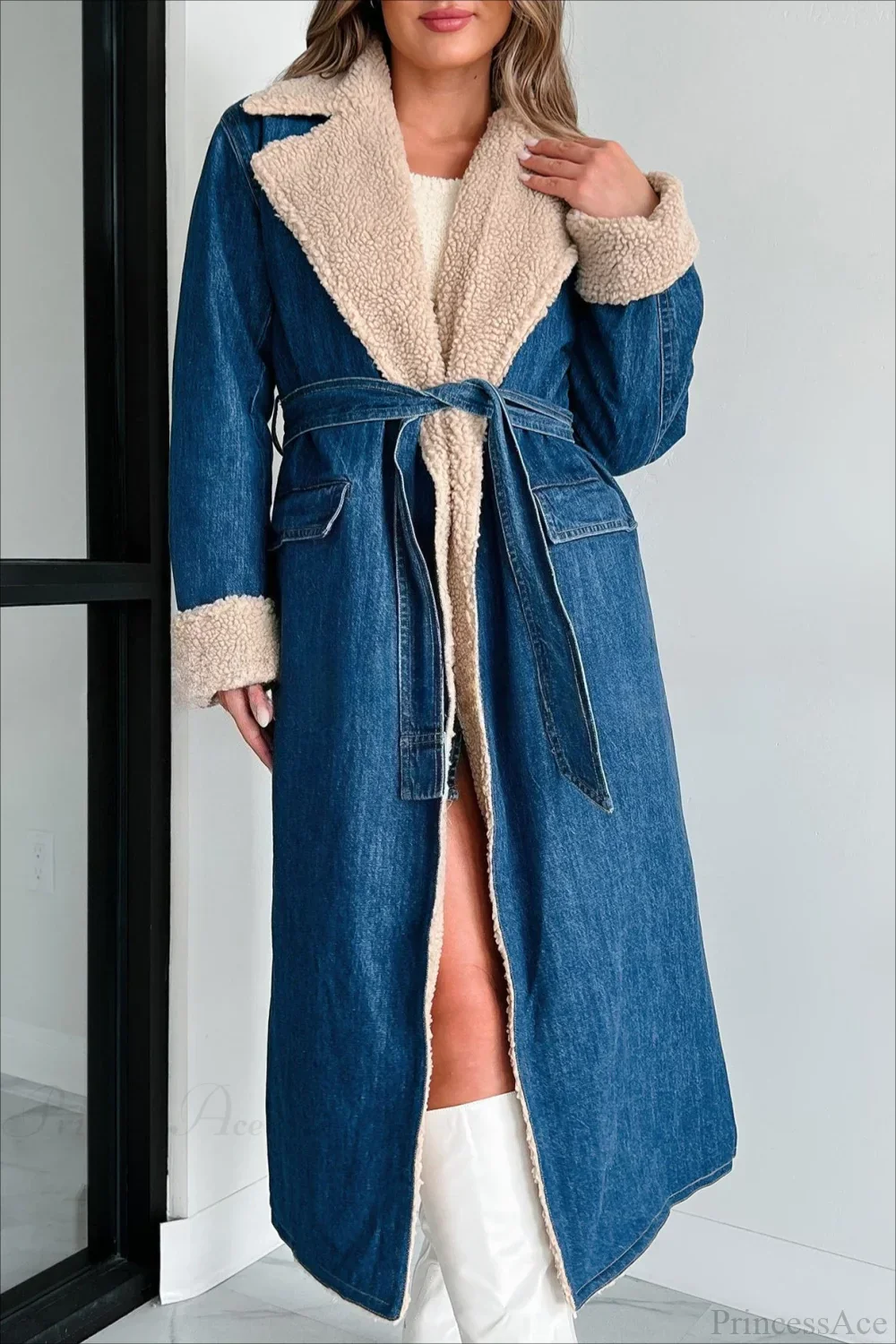 Elegant Sherpa Tie Waist Dual Pockets Denim Overcoat - Image 2