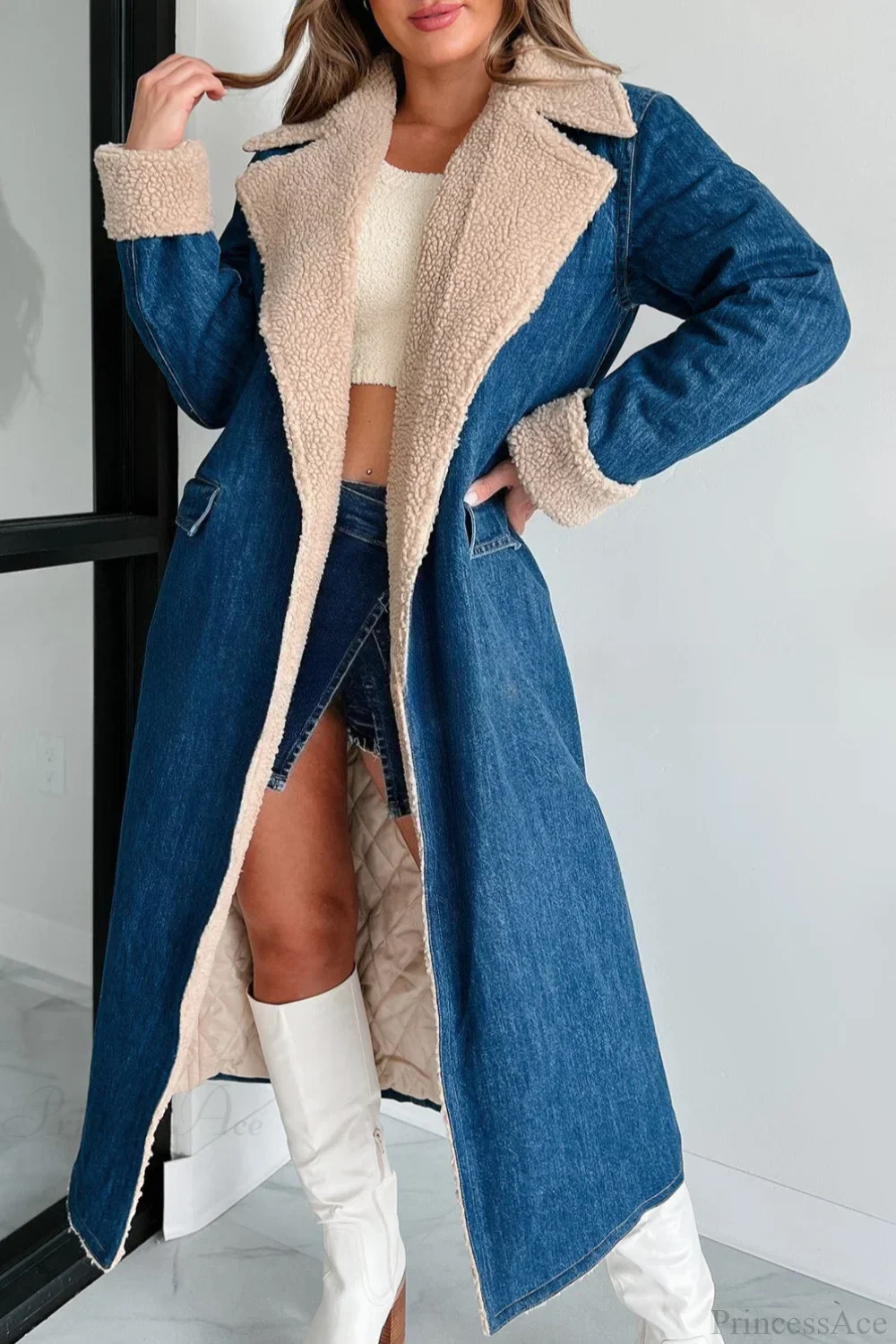 Elegant Sherpa Tie Waist Dual Pockets Denim Overcoat - Image 3