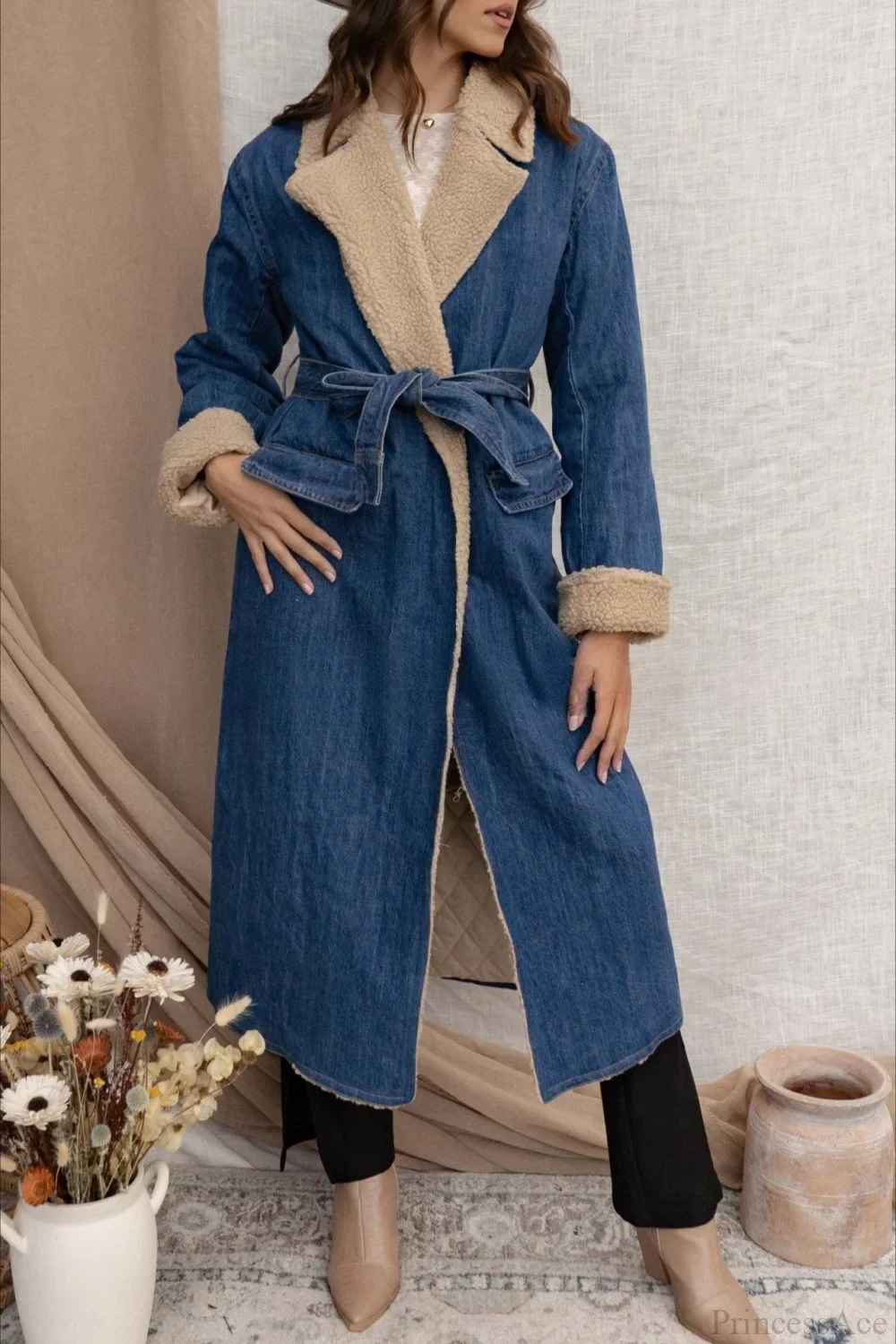 Elegant Sherpa Tie Waist Dual Pockets Denim Overcoat - Image 4