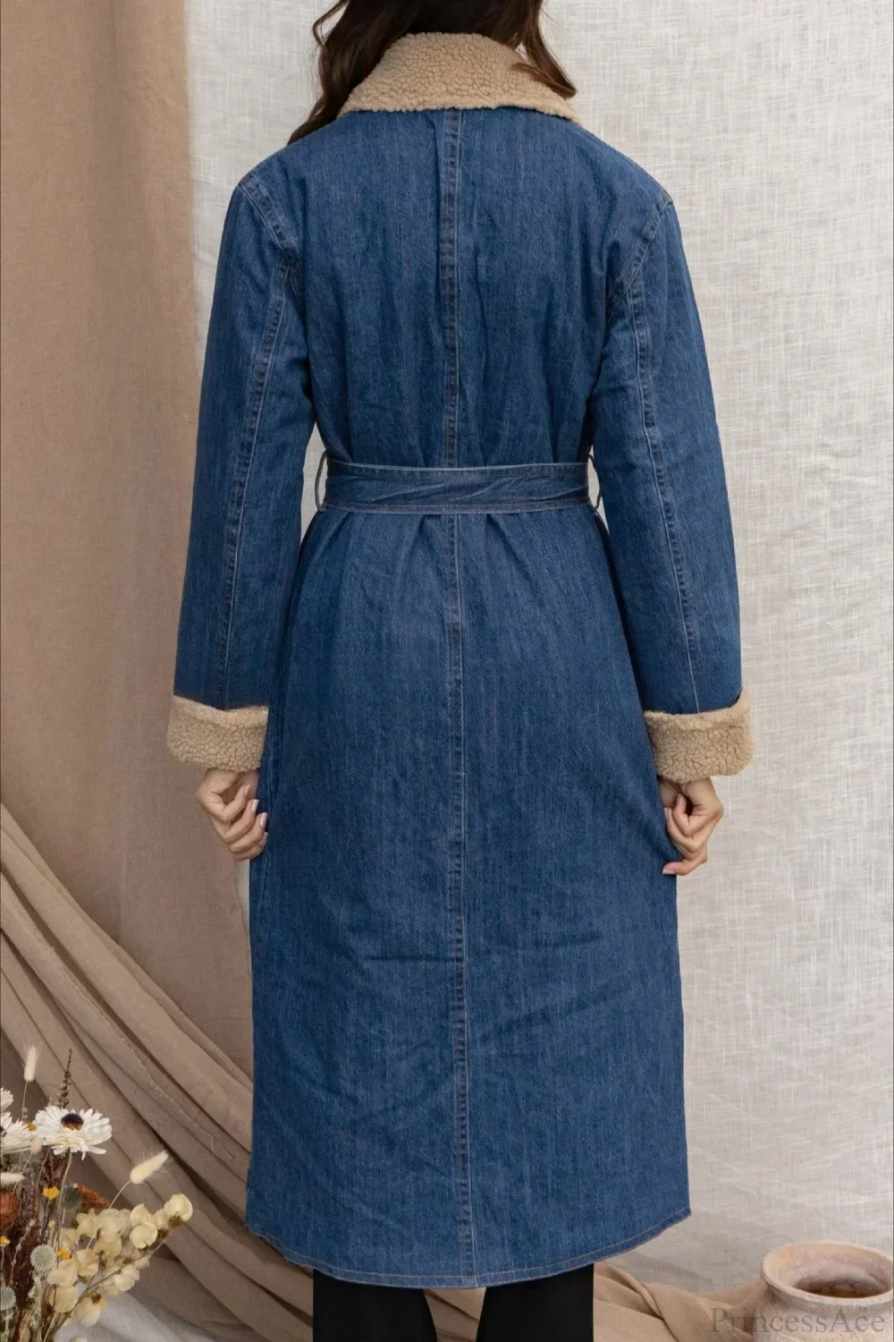Elegant Sherpa Tie Waist Dual Pockets Denim Overcoat - Image 5