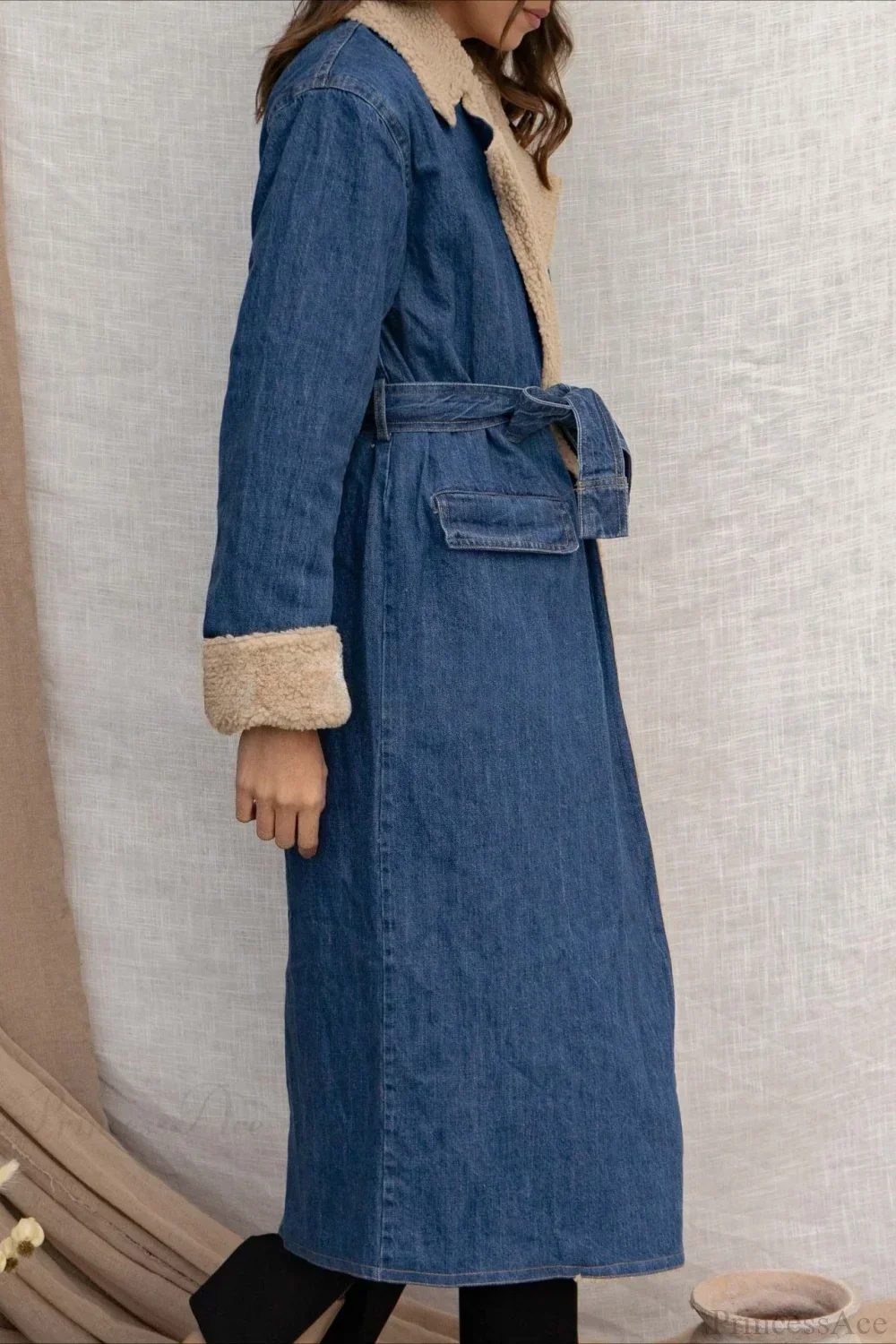 Elegant Sherpa Tie Waist Dual Pockets Denim Overcoat - Image 6