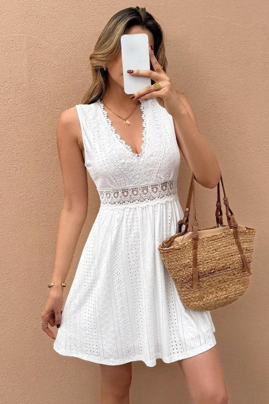Elegant Sleeveless V Neck Lace Patchwork Jacquard Dress - Image 5