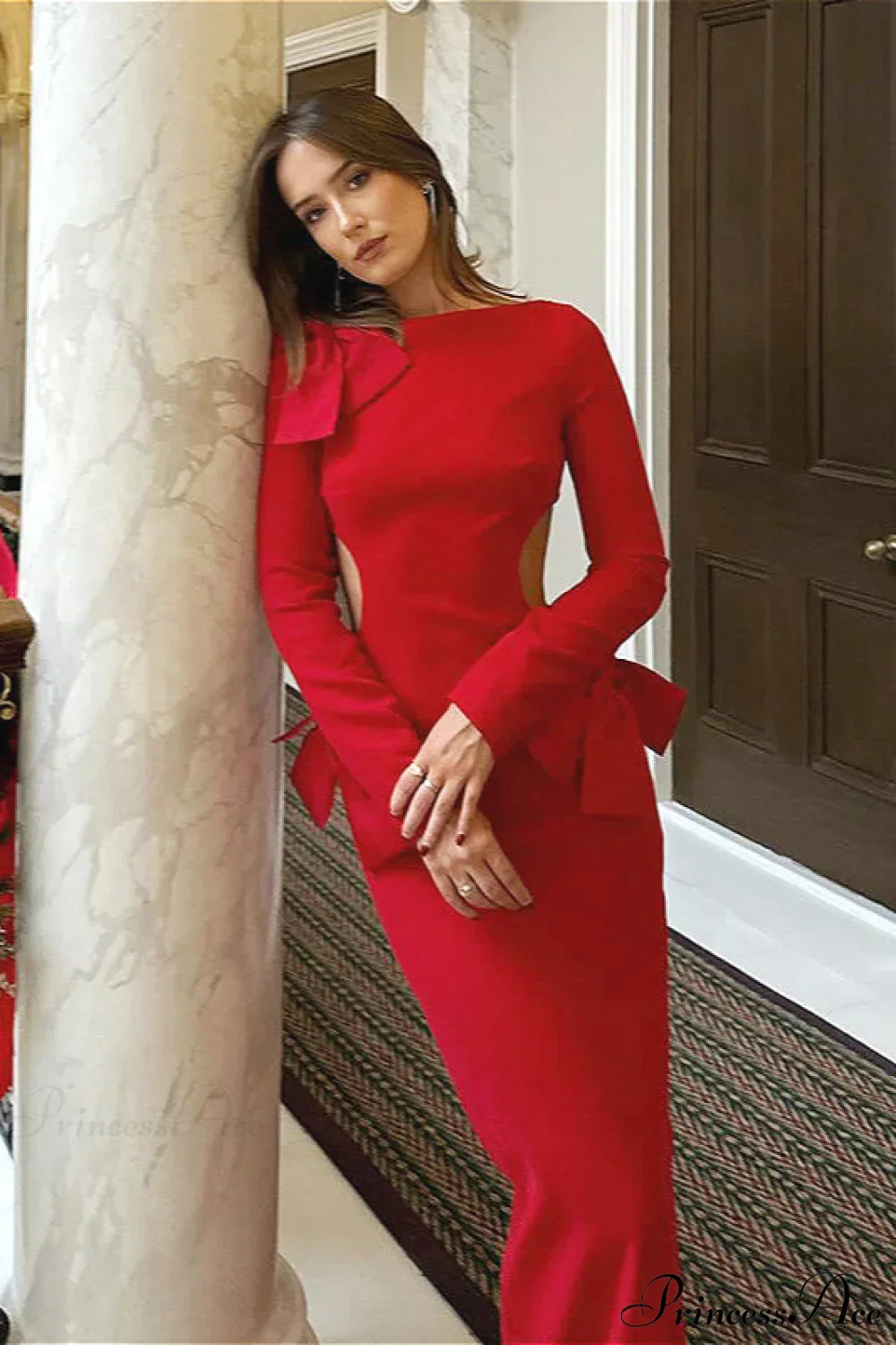 Elegant Solid Bow Cutout Slit Bodycon Backless Maxi Dress - Image 2
