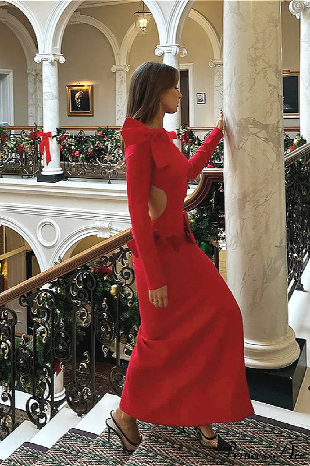 Elegant Solid Bow Cutout Slit Bodycon Backless Maxi Dress - Image 3