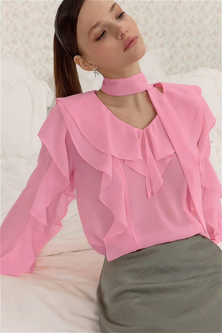Elegant Solid Chiffon Ruffled Tie Blouse - Image 10