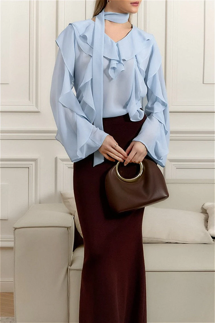 Elegant Solid Chiffon Ruffled Tie Blouse - Image 4