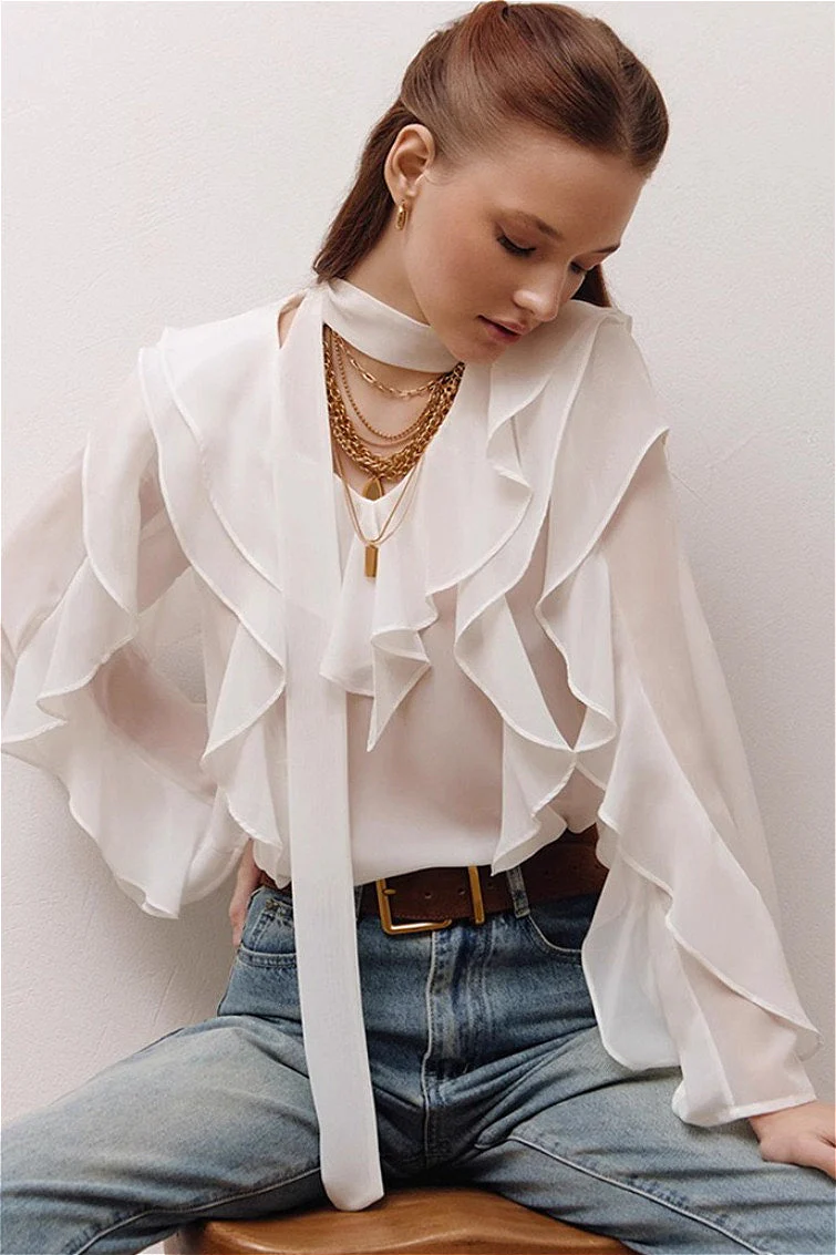 Elegant Solid Chiffon Ruffled Tie Blouse - Image 5