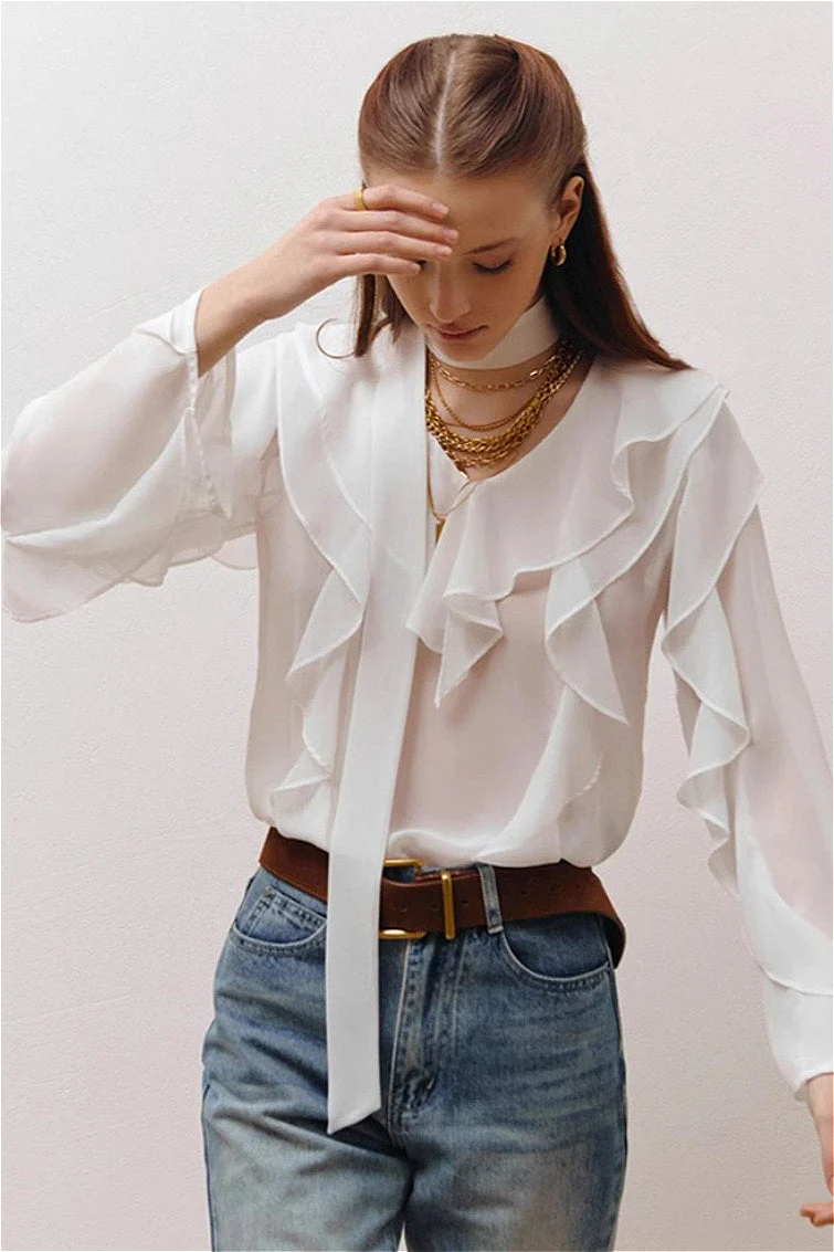 Elegant Solid Chiffon Ruffled Tie Blouse - Image 6