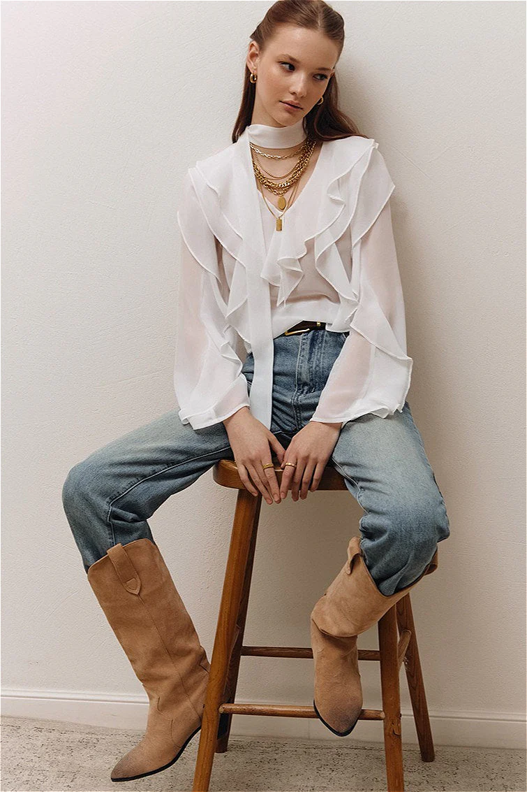 Elegant Solid Chiffon Ruffled Tie Blouse - Image 7