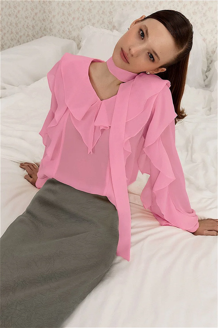 Elegant Solid Chiffon Ruffled Tie Blouse - Image 8