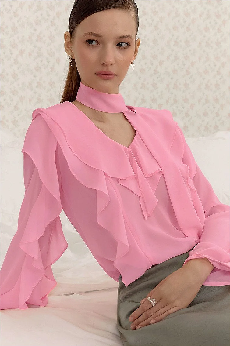 Elegant Solid Chiffon Ruffled Tie Blouse - Image 9