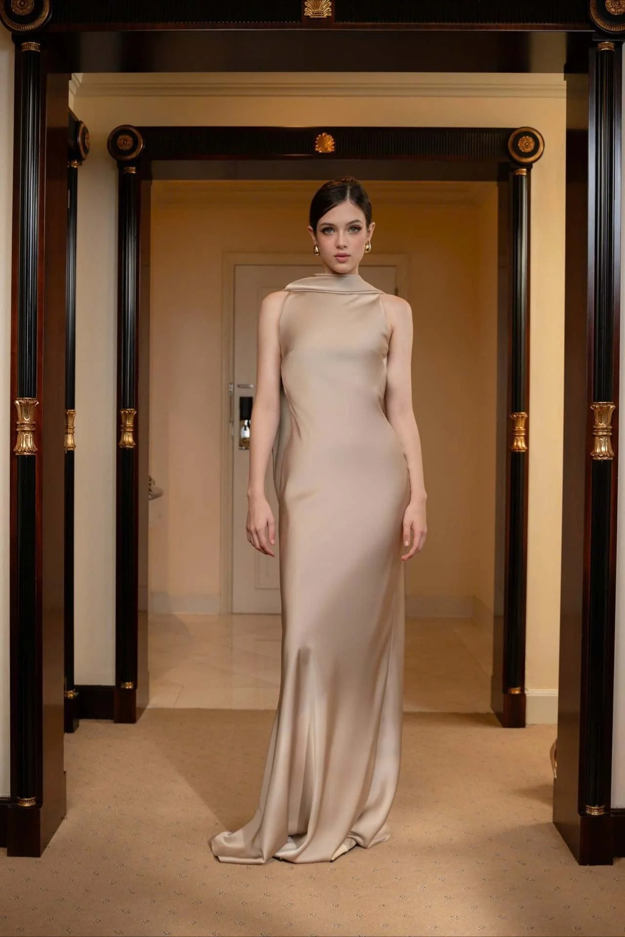 Elegant Solid Color Satin Draped Back Long Prom Dress - Image 6