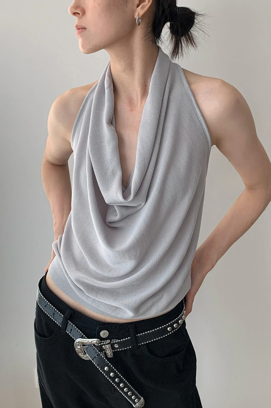 Elegant Solid Draped Neck Halter Top - Image 5