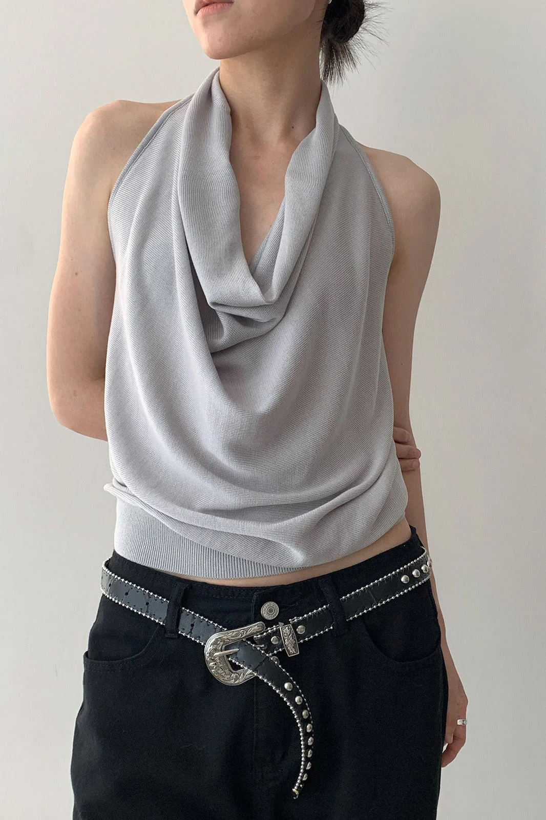 Elegant Solid Draped Neck Halter Top - Image 6
