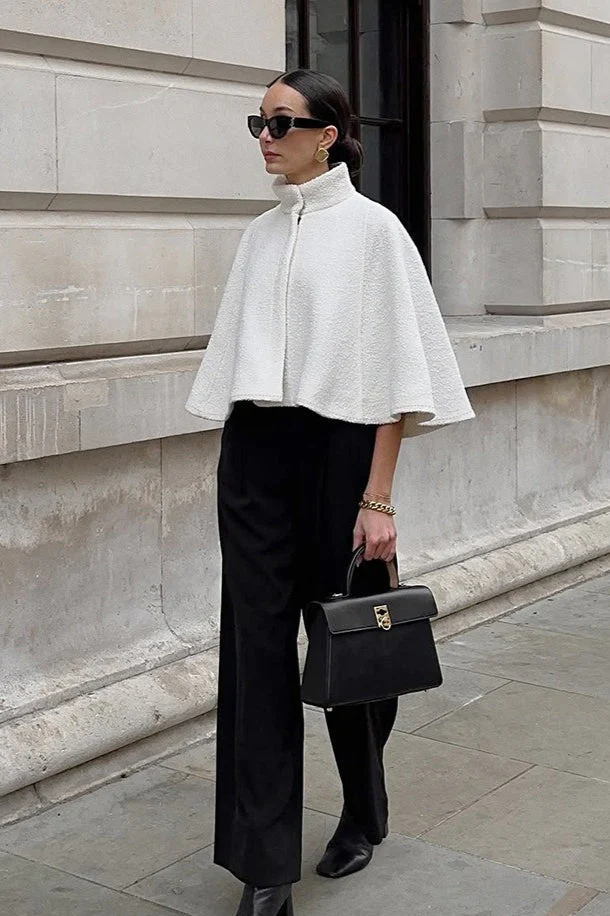 Elegant Solid High Collar Short Cape Coat - Image 3