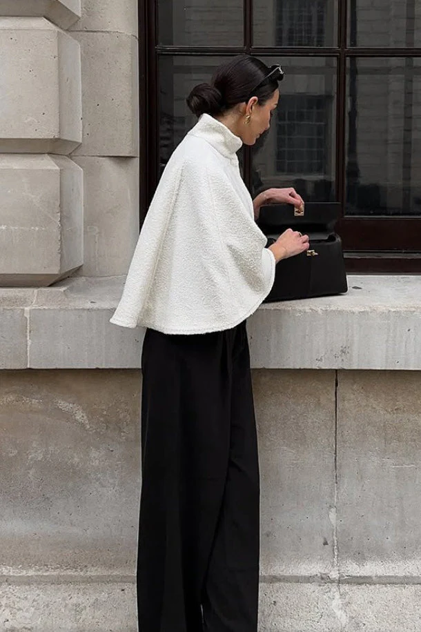 Elegant Solid High Collar Short Cape Coat - Image 4
