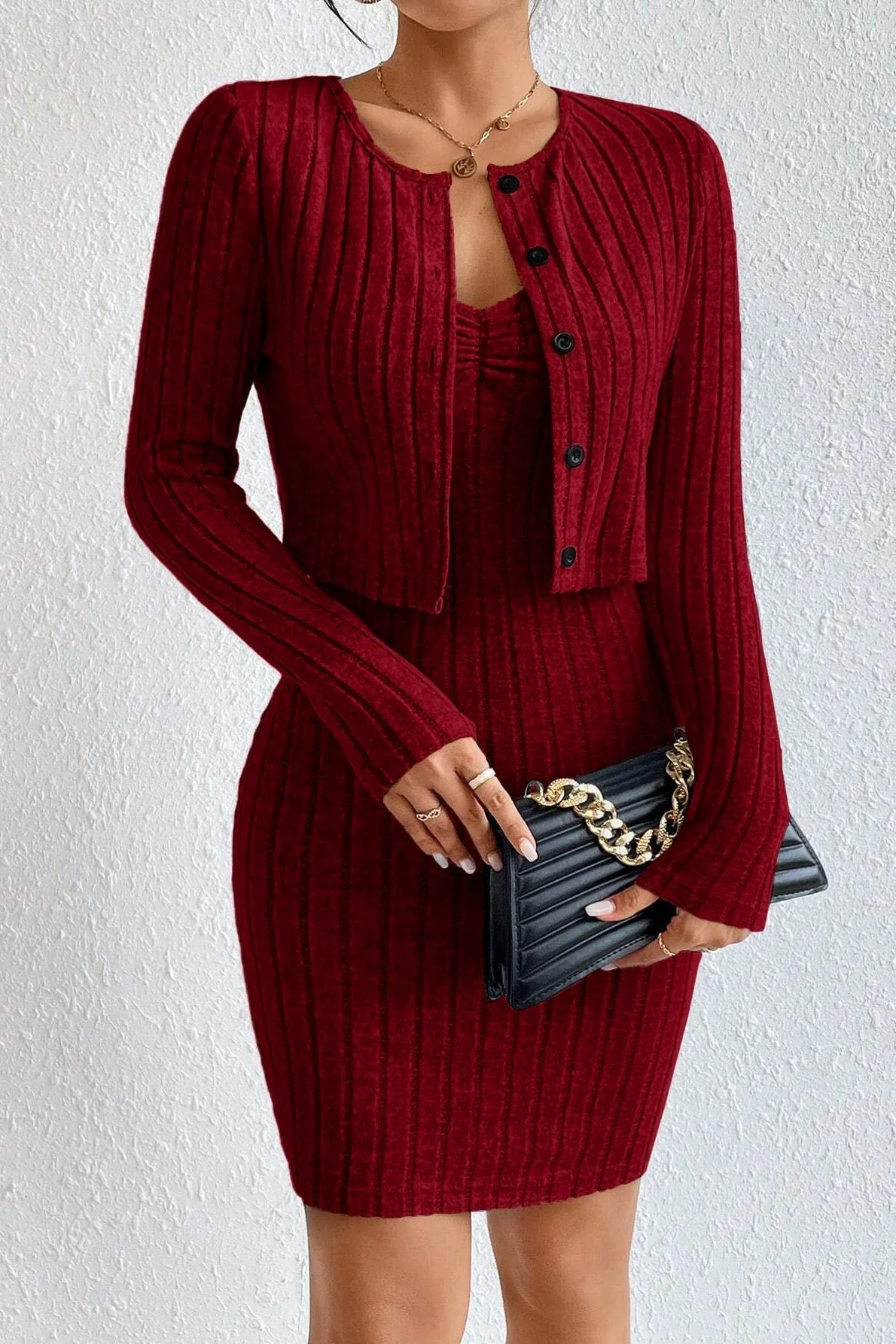 Elegant Solid Slim Crop Cardigan Dress Two Piece Set - Image 2