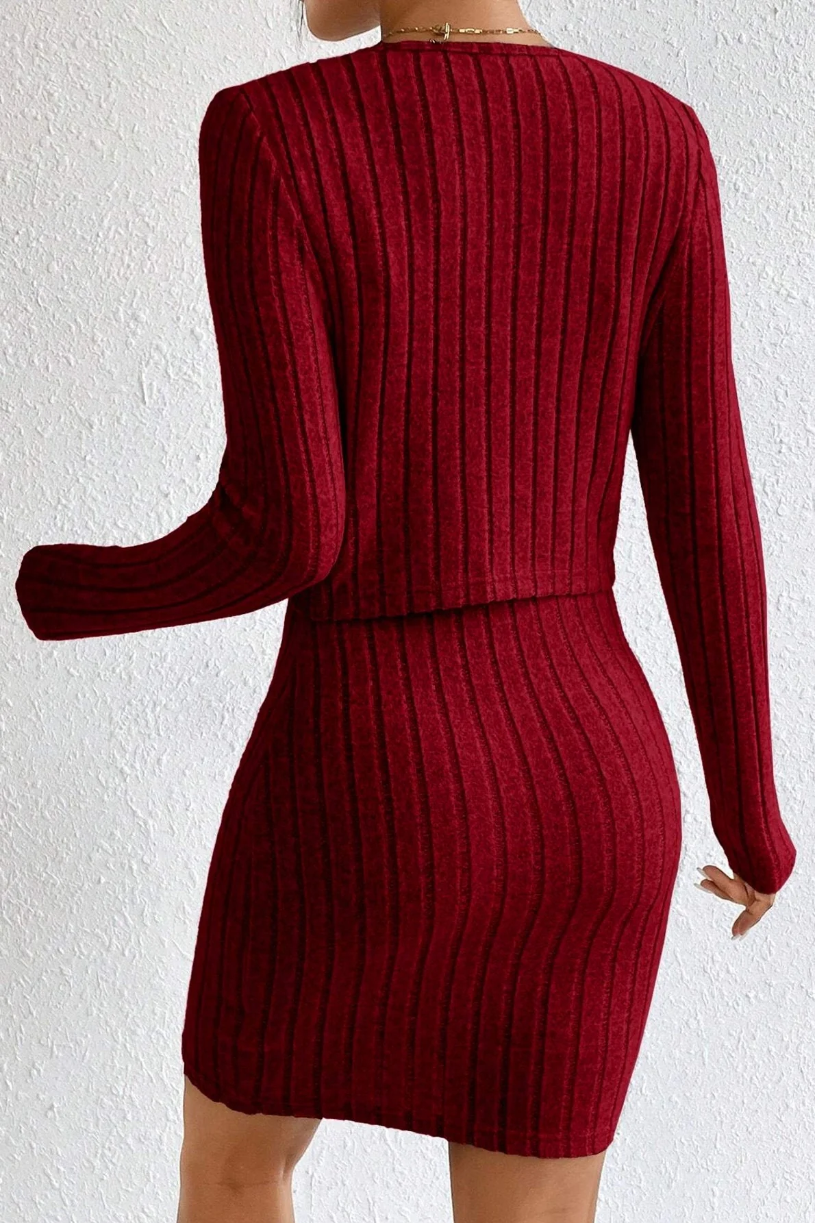 Elegant Solid Slim Crop Cardigan Dress Two Piece Set - Image 5