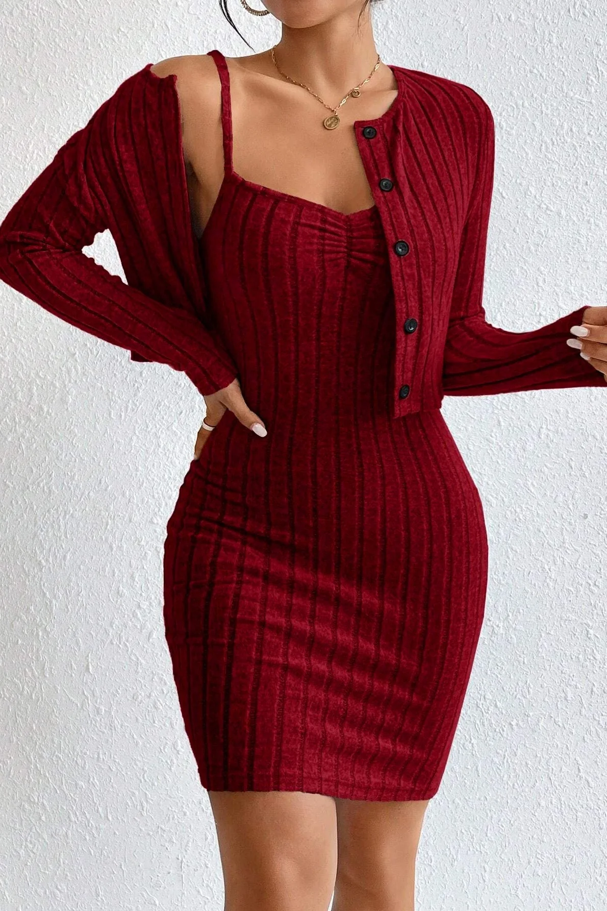 Elegant Solid Slim Crop Cardigan Dress Two Piece Set - Image 6