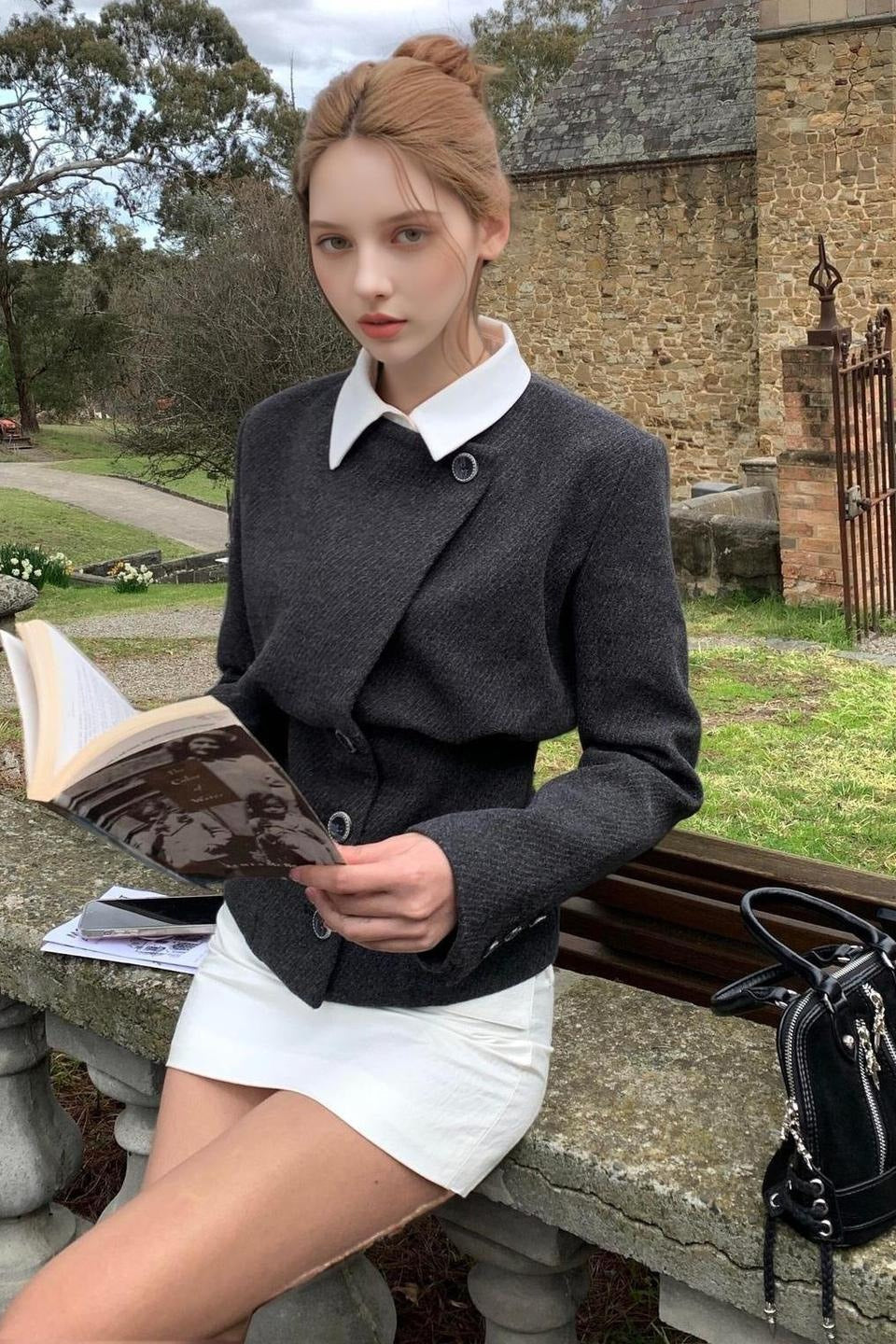 Elegant Solid Wool Faux Two-Piece Tapered Notch Collar Coat - Image 2