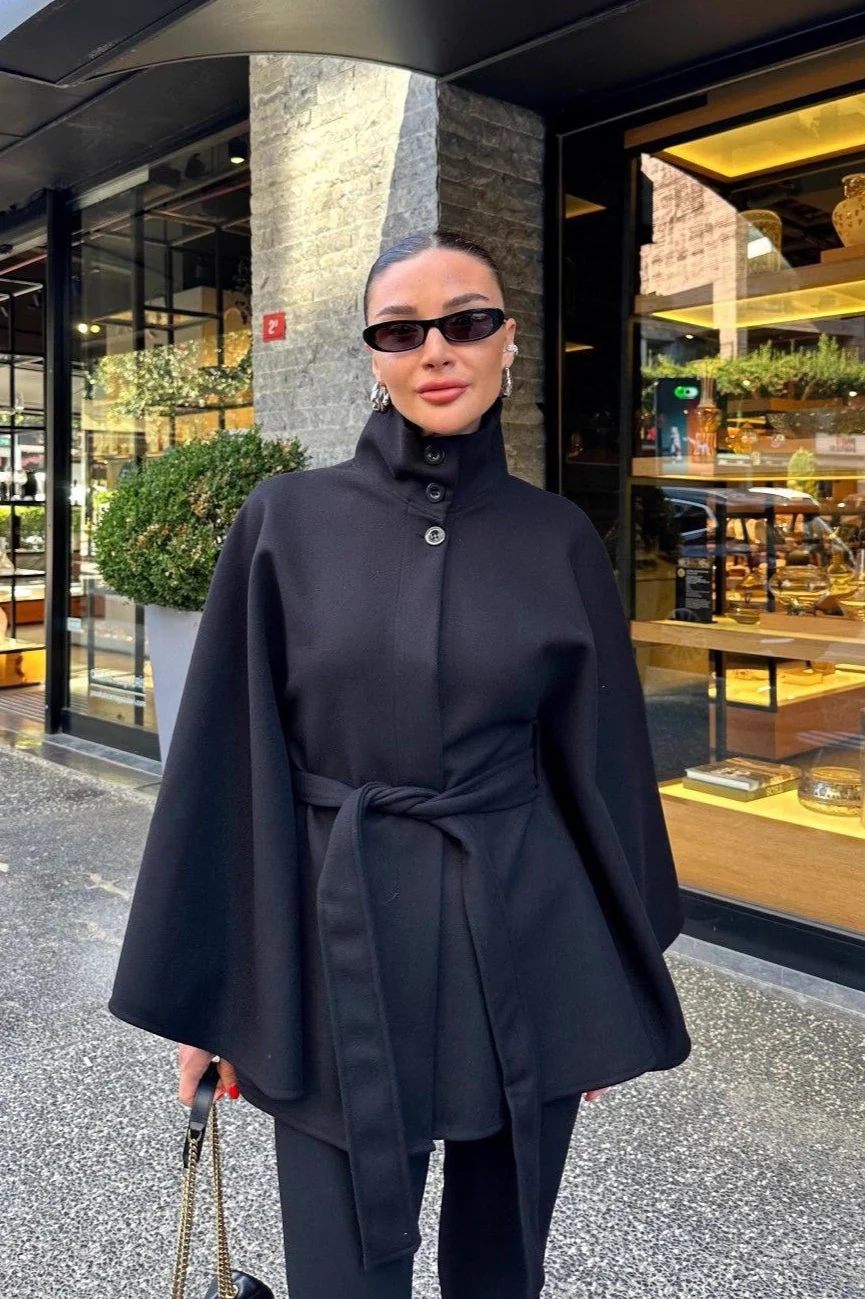 Elegant Stand Collar Belted High-Quality Coat - Image 3