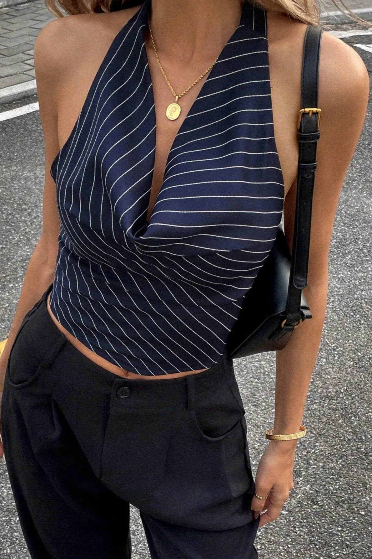 Elegant Stripe Halter Draped Tank Top - Image 6
