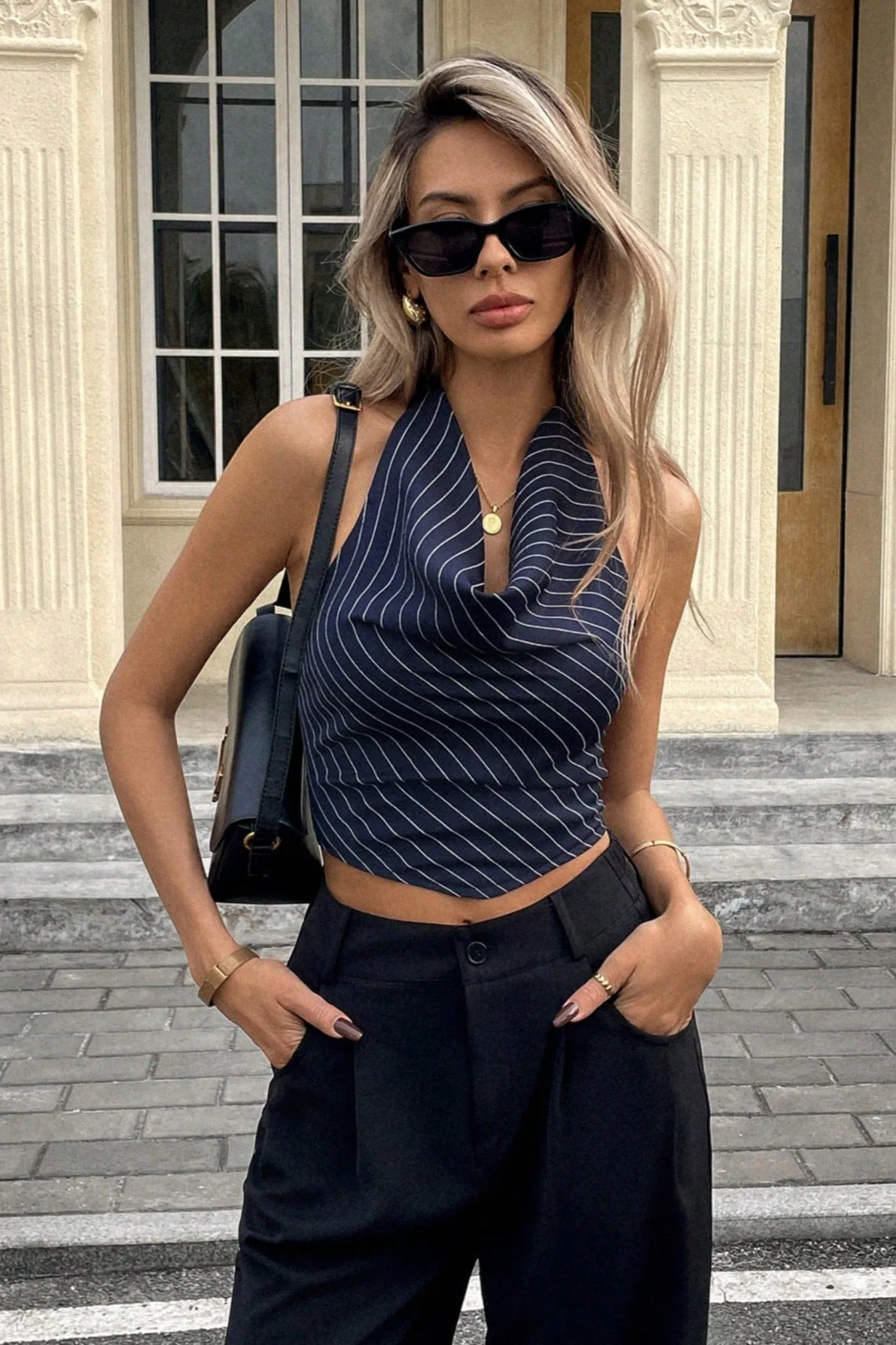 Elegant Stripe Halter Draped Tank Top - Image 8