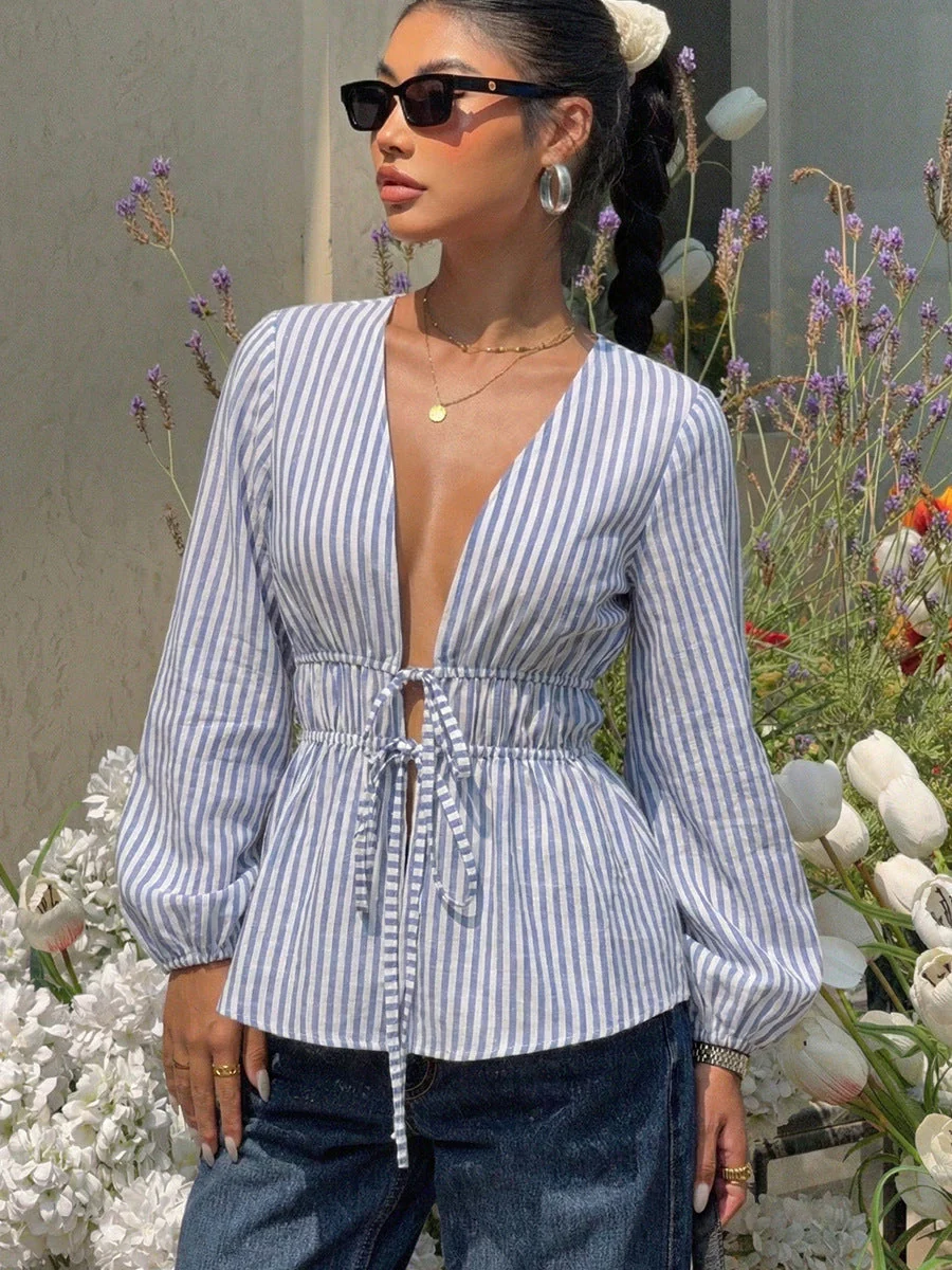 Elegant Stripe Long Sleeve Tie Blouse - Image 2