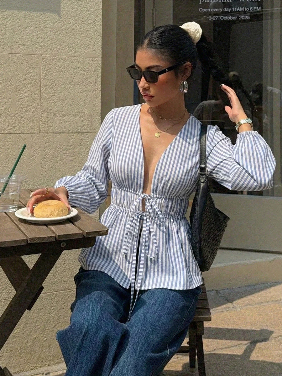 Elegant Stripe Long Sleeve Tie Blouse - Image 3