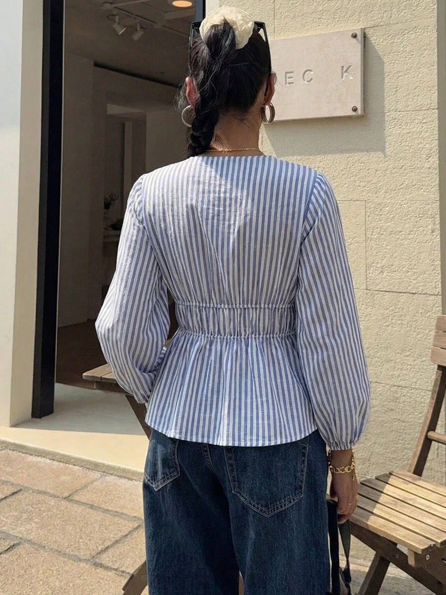 Elegant Stripe Long Sleeve Tie Blouse - Image 4