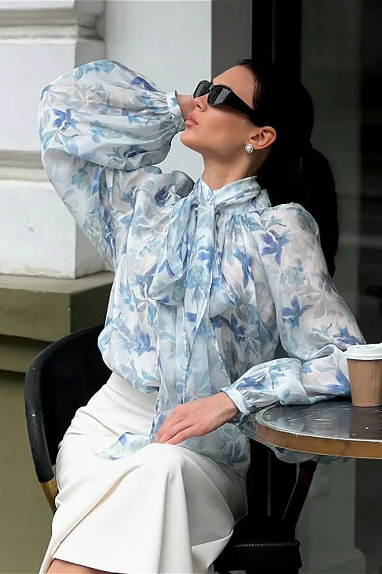 Elegant Tie Lantern Sleeve Floral Blouse - Image 2