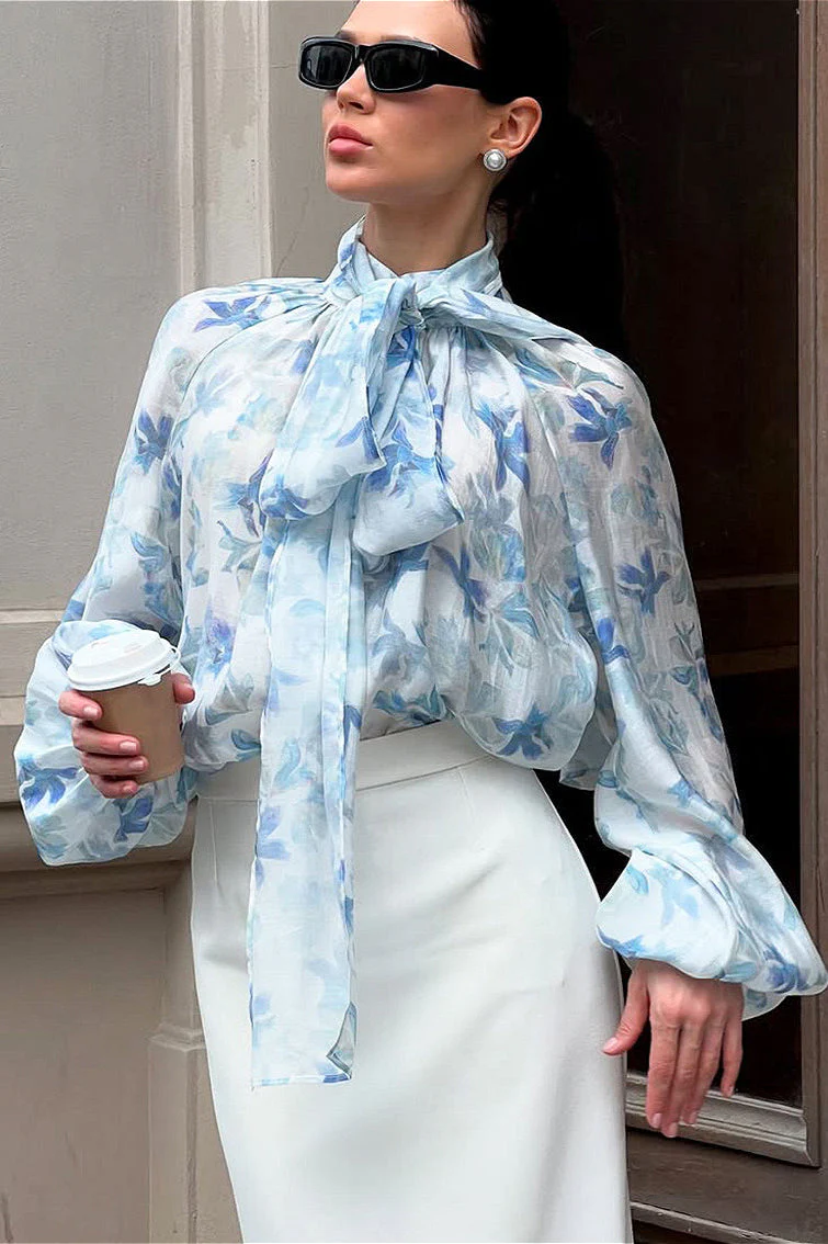 Elegant Tie Lantern Sleeve Floral Blouse - Image 3