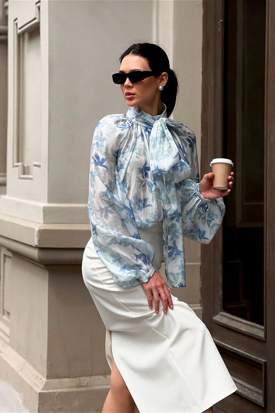 Elegant Tie Lantern Sleeve Floral Blouse - Image 4