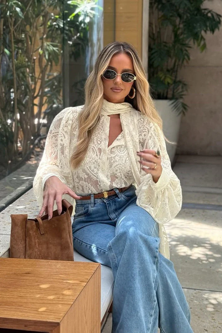Elegant Tie Sheer Lace Long Sleeve Blouse - Image 3