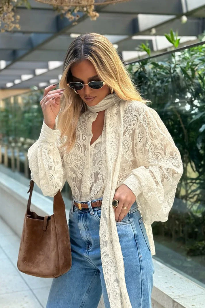 Elegant Tie Sheer Lace Long Sleeve Blouse - Image 4